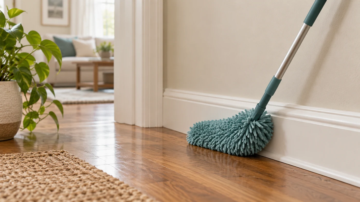 Illustration of a long-handled tool reaching a baseboard