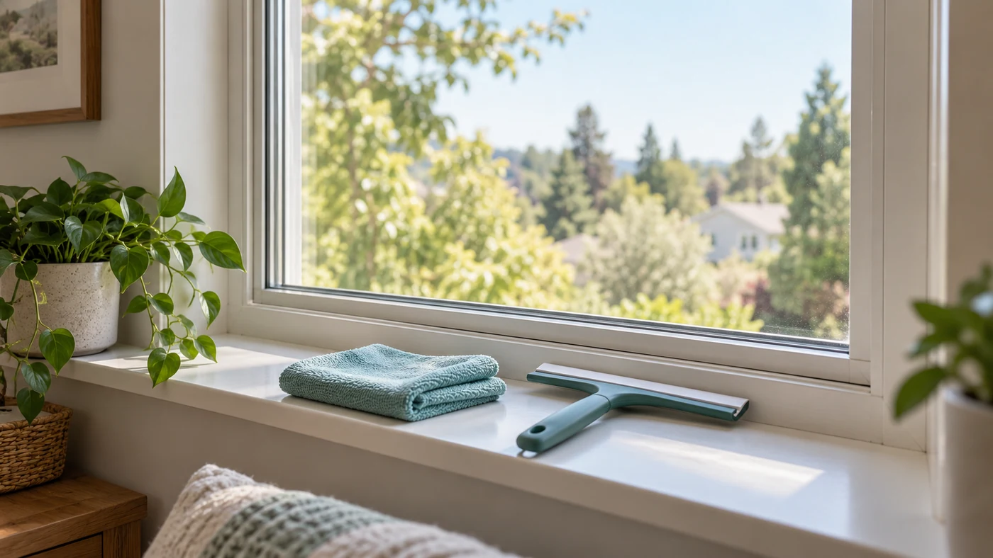 Illustration of a window-cleaning setup with a squeegee and cloth