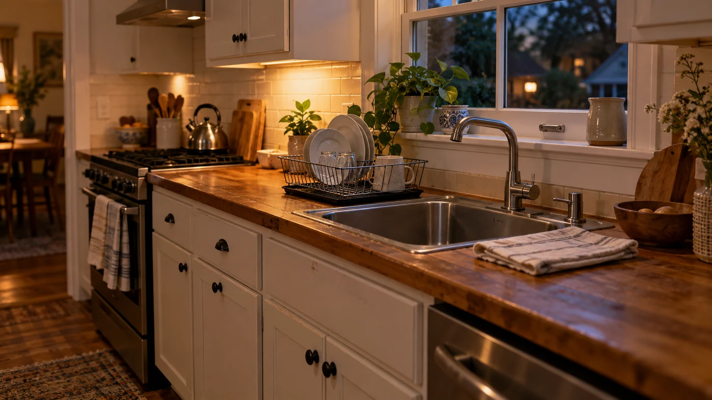 Illustration of a cleared kitchen counter with a cloth and sink ready for an evening reset