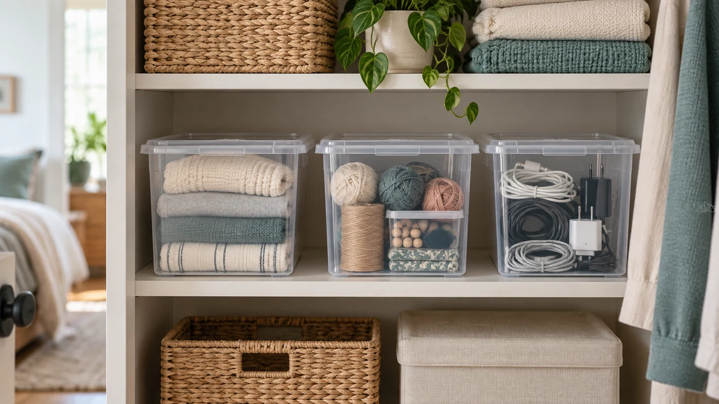 Illustration of clear home storage bins separating folded fabric, craft supplies, and cables