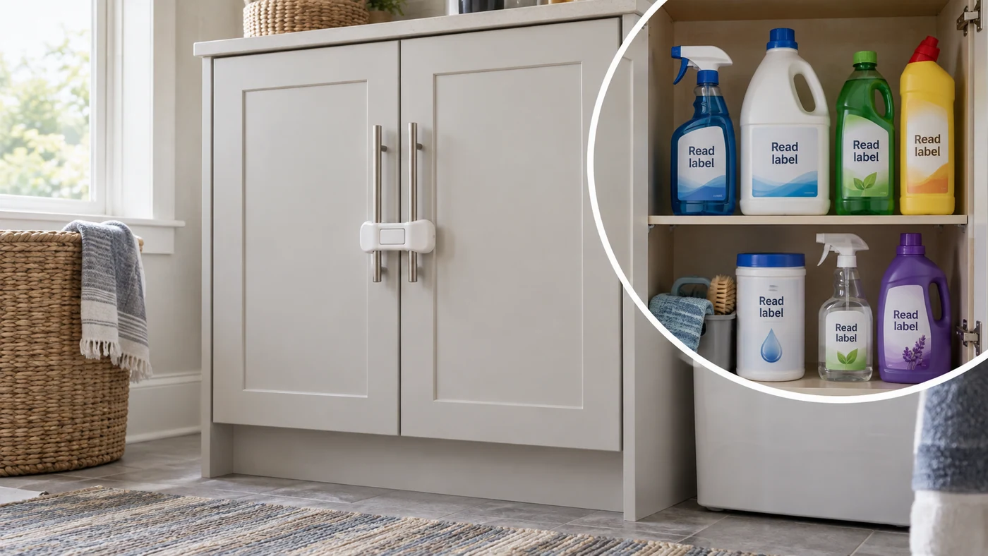 Illustration of a closed cleaning-supply cabinet with a child-resistant latch and inset showing labeled bottles