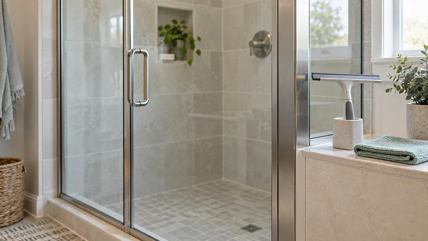 Illustration of glass shower doors beside a squeegee and folded cloth