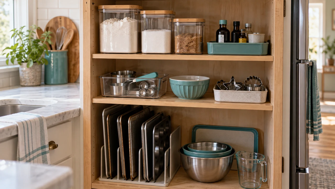 Illustration of a baking cabinet with labeled flour containers and upright trays