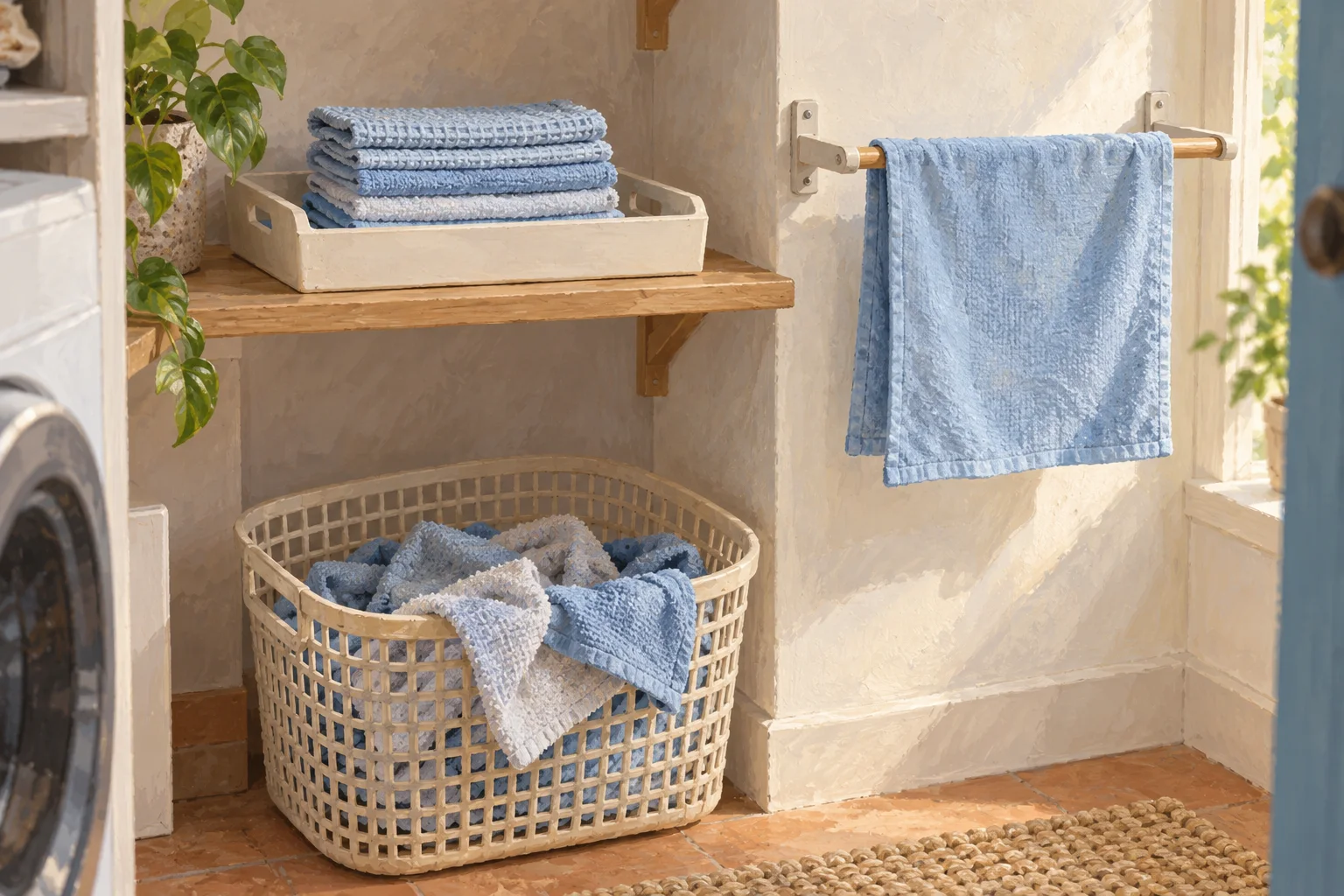 Generated gouache illustration of folded clean cloths on a shelf, used cloths in a separate basket and a washed cloth drying on a rail