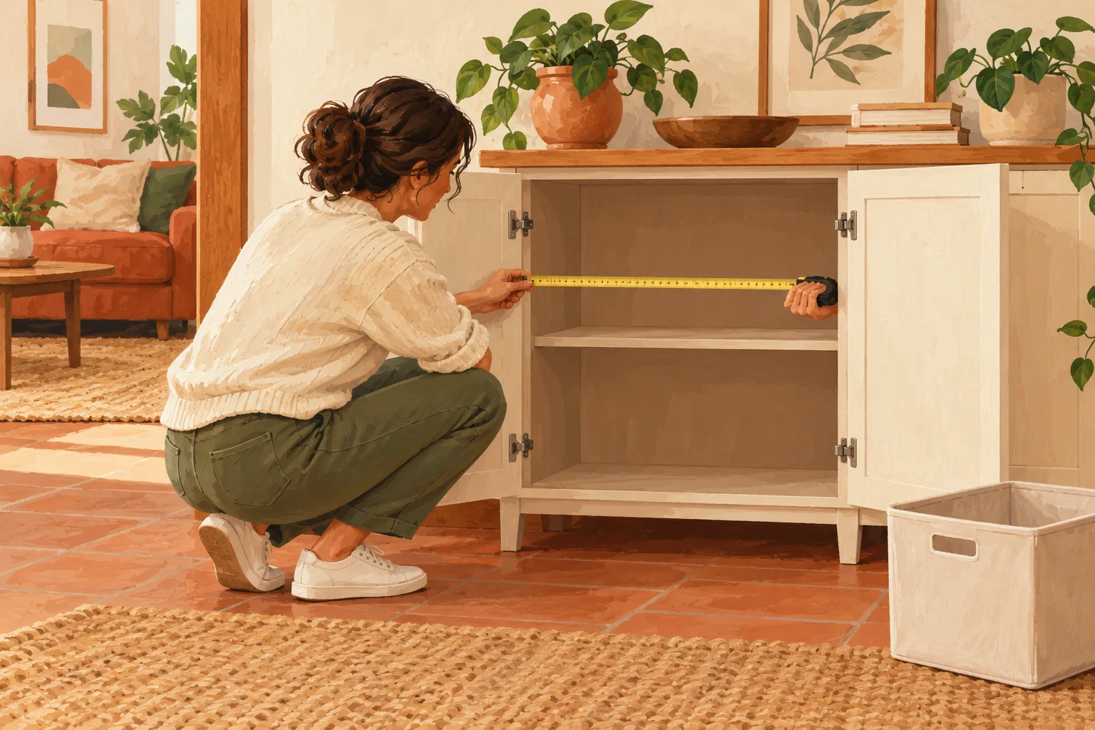 Generated gouache illustration of an adult measuring a low cupboard opening beside an empty storage bin