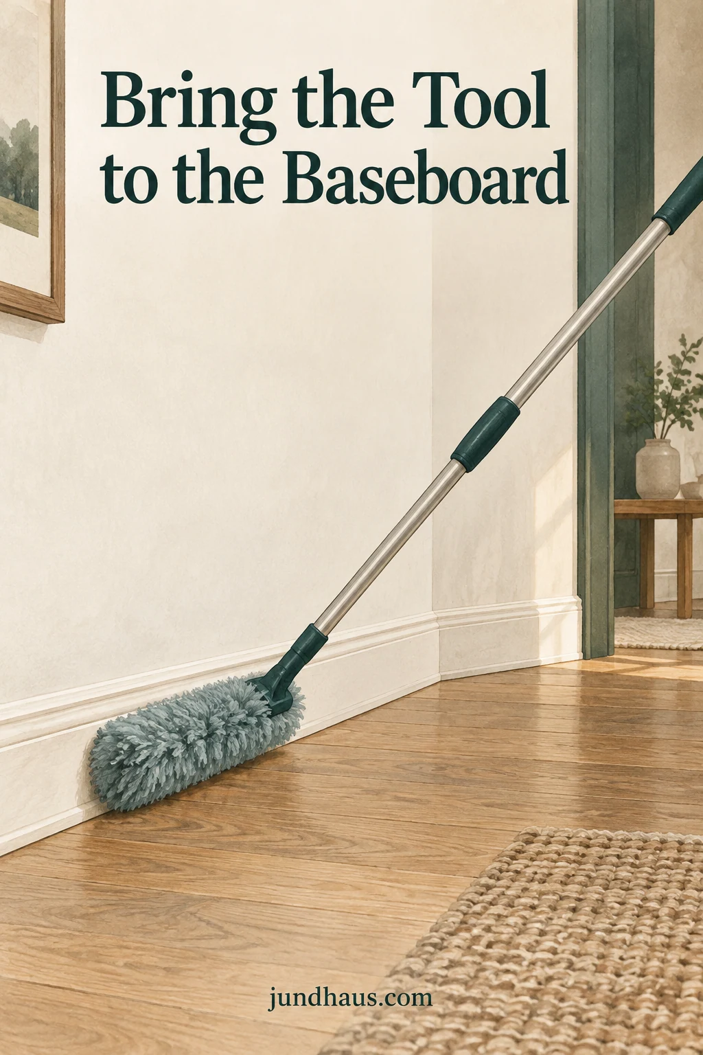 A long-handled soft microfiber duster resting against a baseboard.