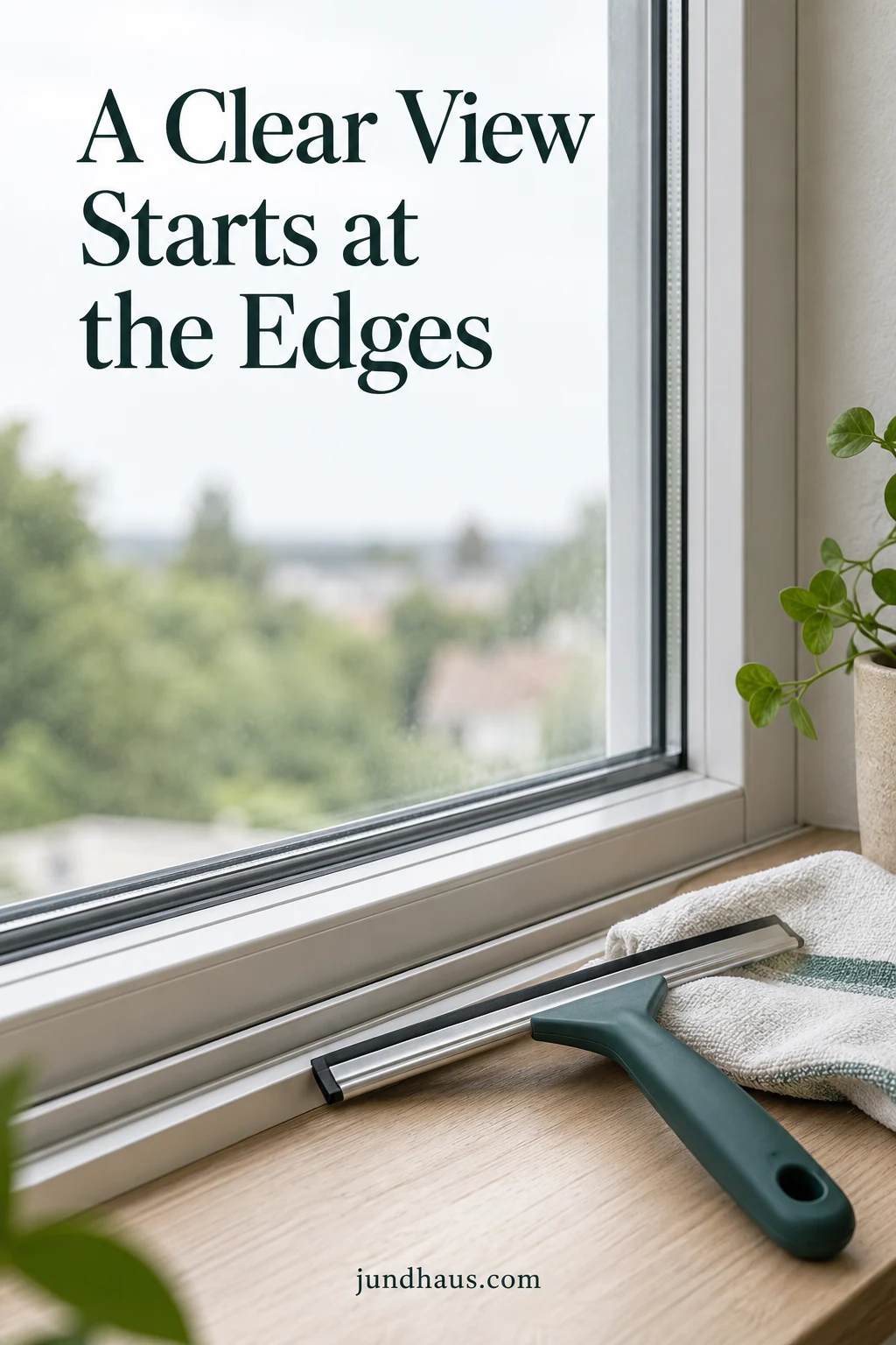 A window frame and track with a soft cloth and squeegee resting nearby.