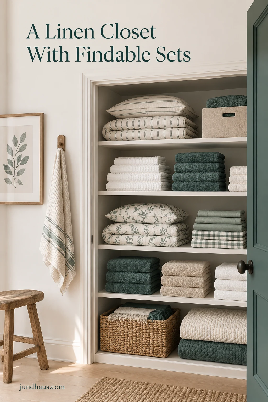 A linen closet with bedding sets, towels and occasional linens grouped on separate shelf sections.