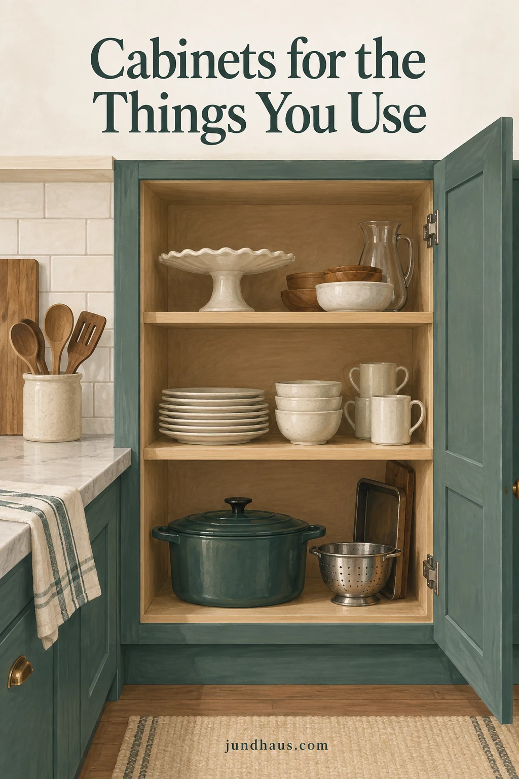 An open kitchen cabinet with daily dishes within easy reach and occasional pieces grouped separately.