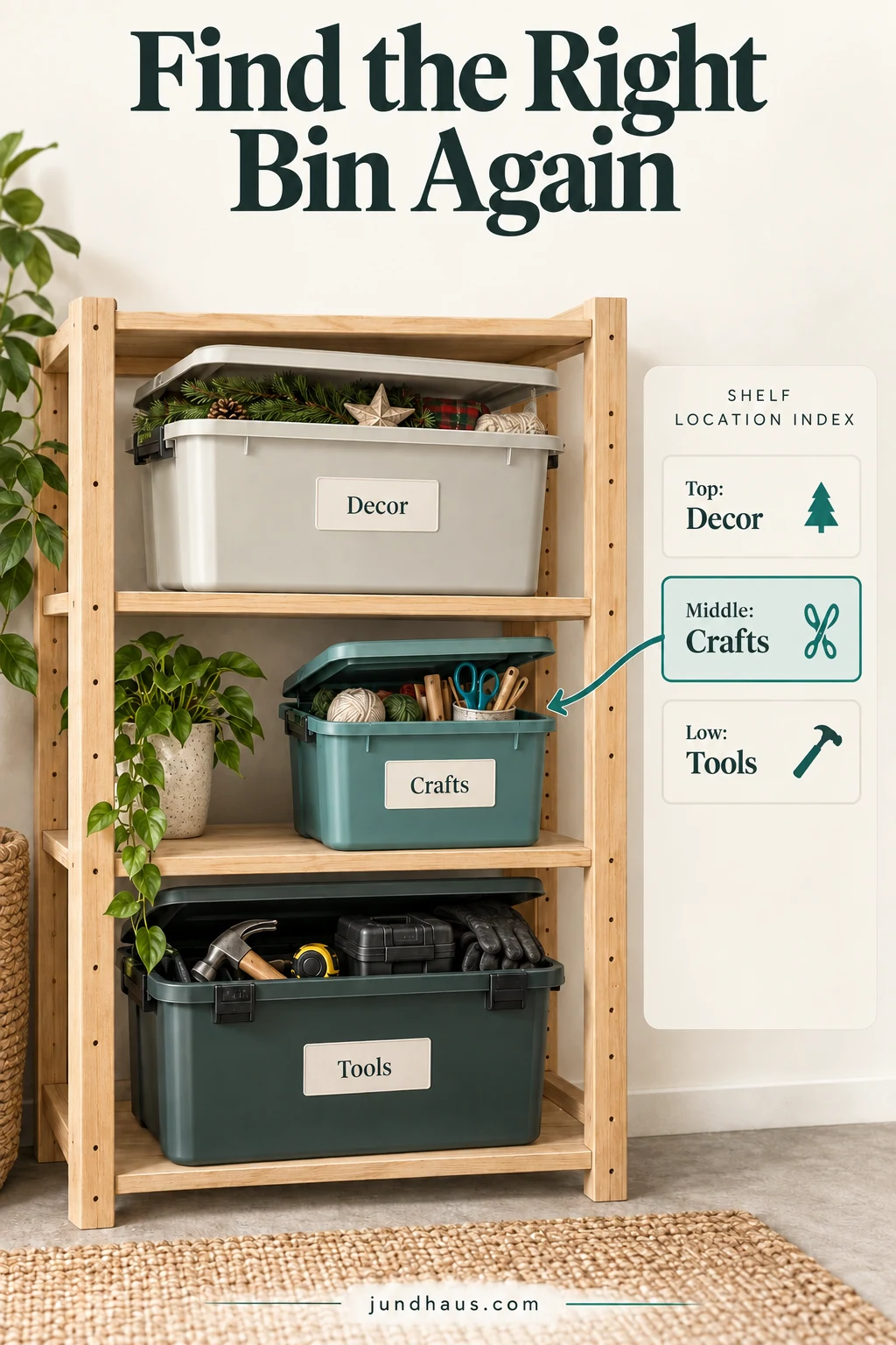 Clear storage bins labeled Decor, Crafts and Tools paired with an illustrated shelf location index.