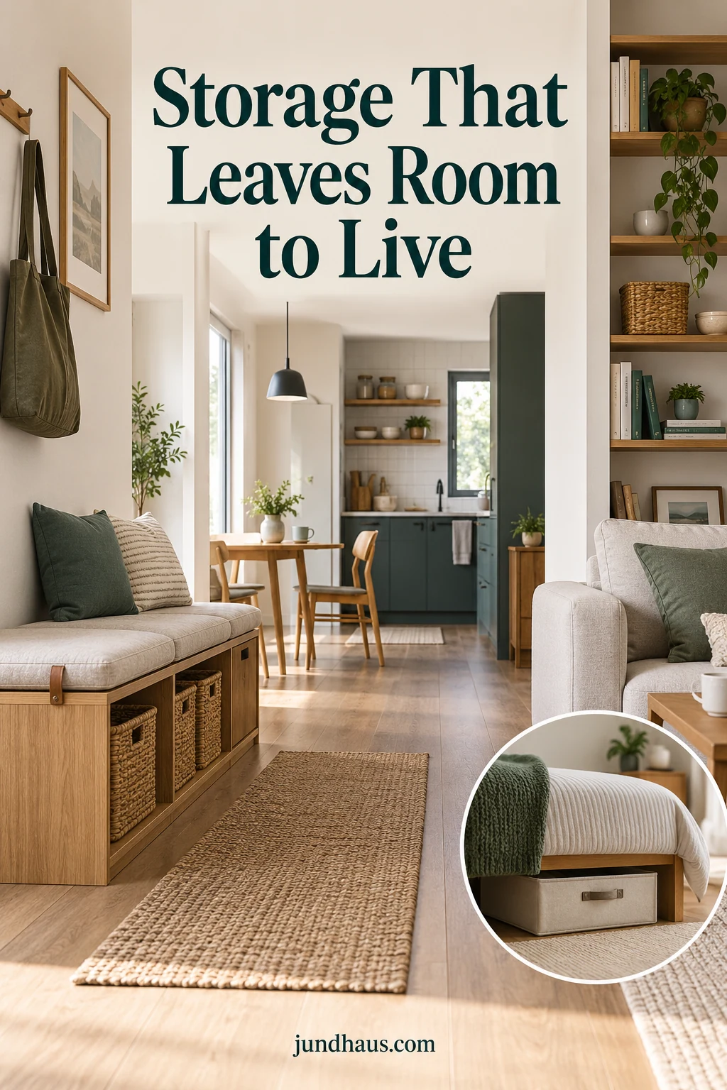 An illustrated small living space with a storage bench, reachable shelves and an under-bed storage inset.