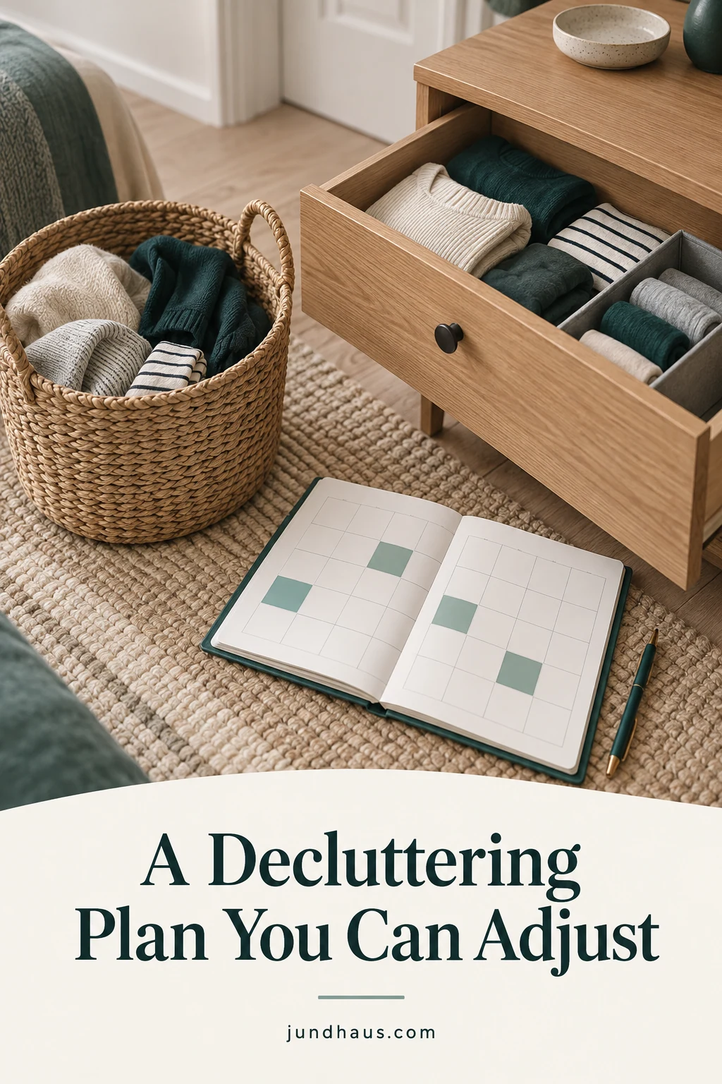 A small organized drawer beside a donation basket and a flexible calendar illustration.