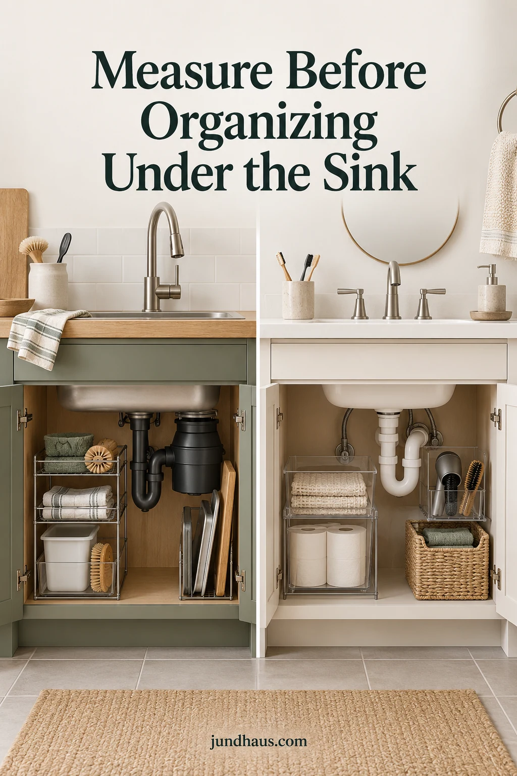Kitchen and bathroom under-sink cabinet diagrams with pipes visible and storage fitted to each room.
