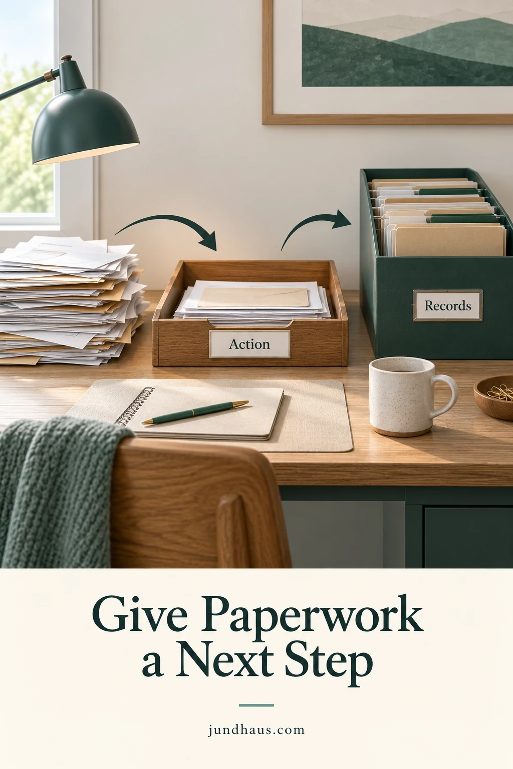 Paperwork divided into an action tray and labeled record storage with a simple processing flow.