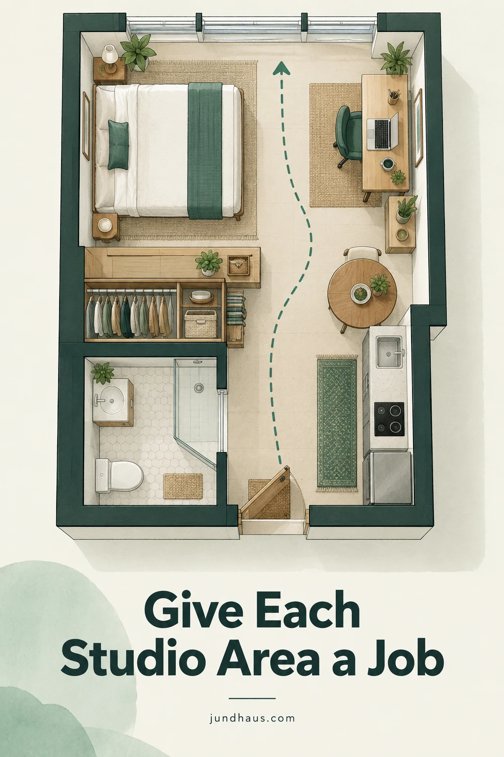 A studio apartment plan with sleeping, work and storage zones and an unobstructed central route.