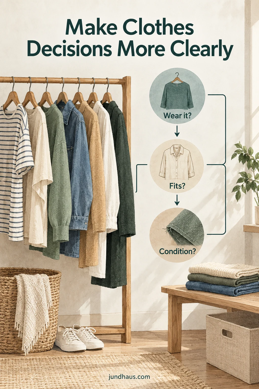 Clothing on a rail beside a decision diagram for regular use, condition and unresolved choices.