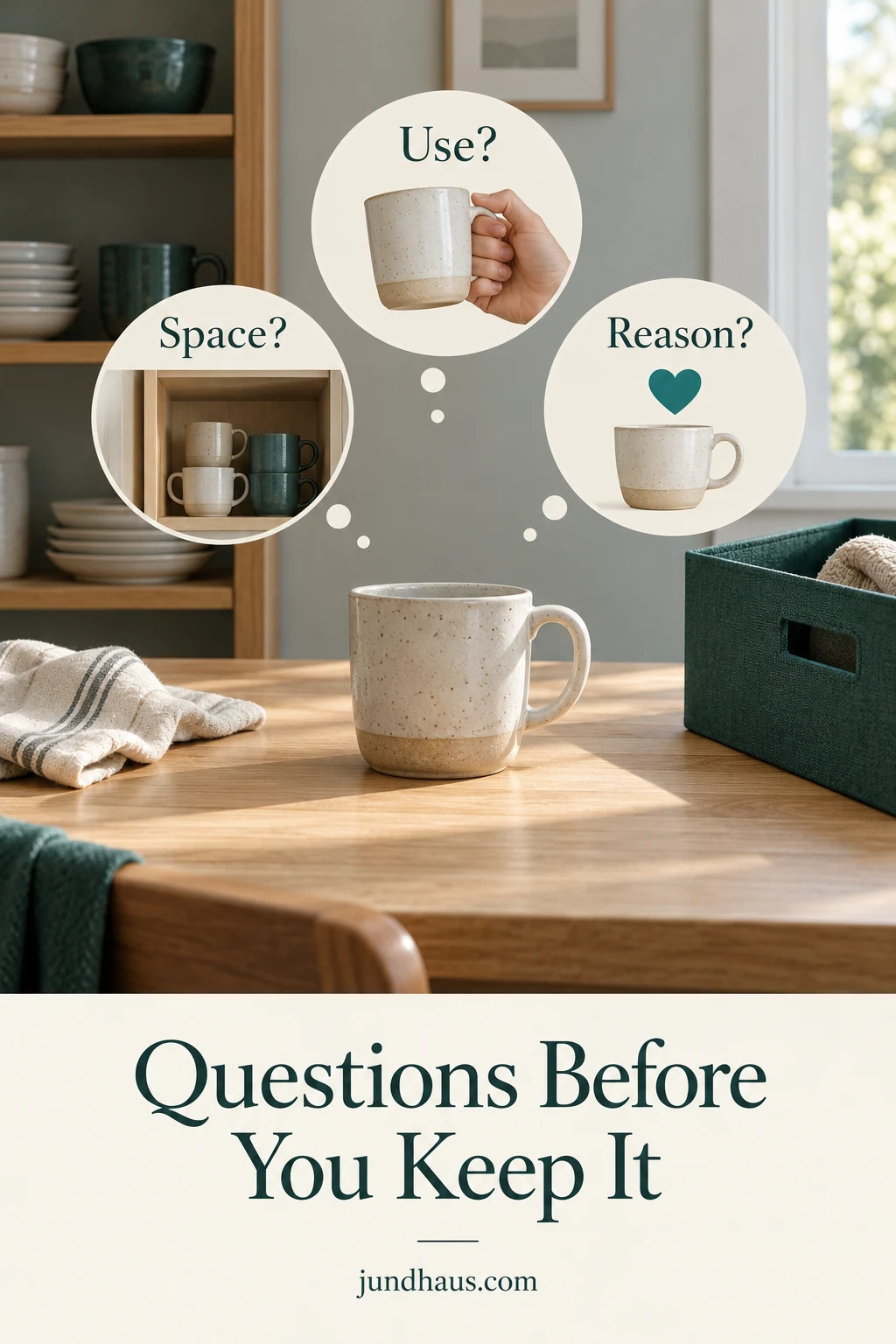 A household object beside concise decision questions about use, space and a reason to keep it.