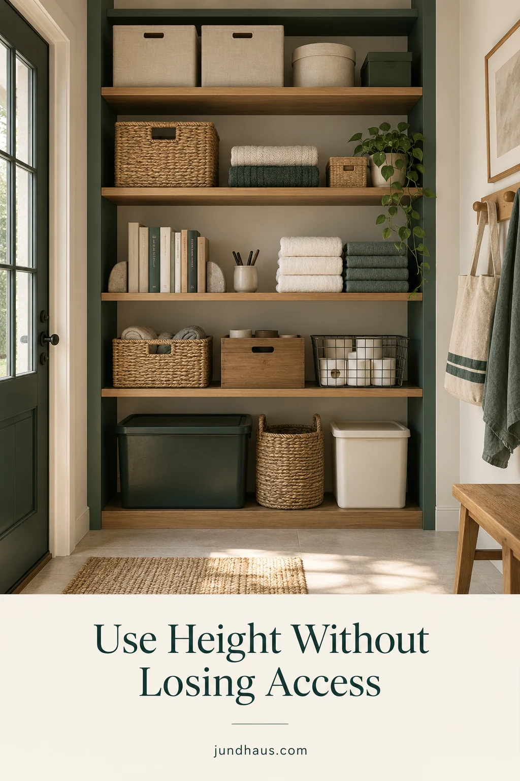 A wall storage elevation with everyday items at reachable levels and less-used items above.