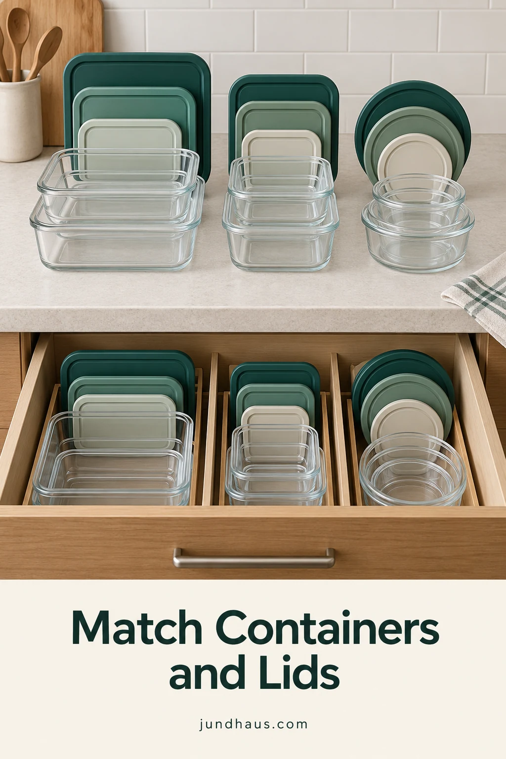 Food containers grouped by size with matching lids held upright nearby.