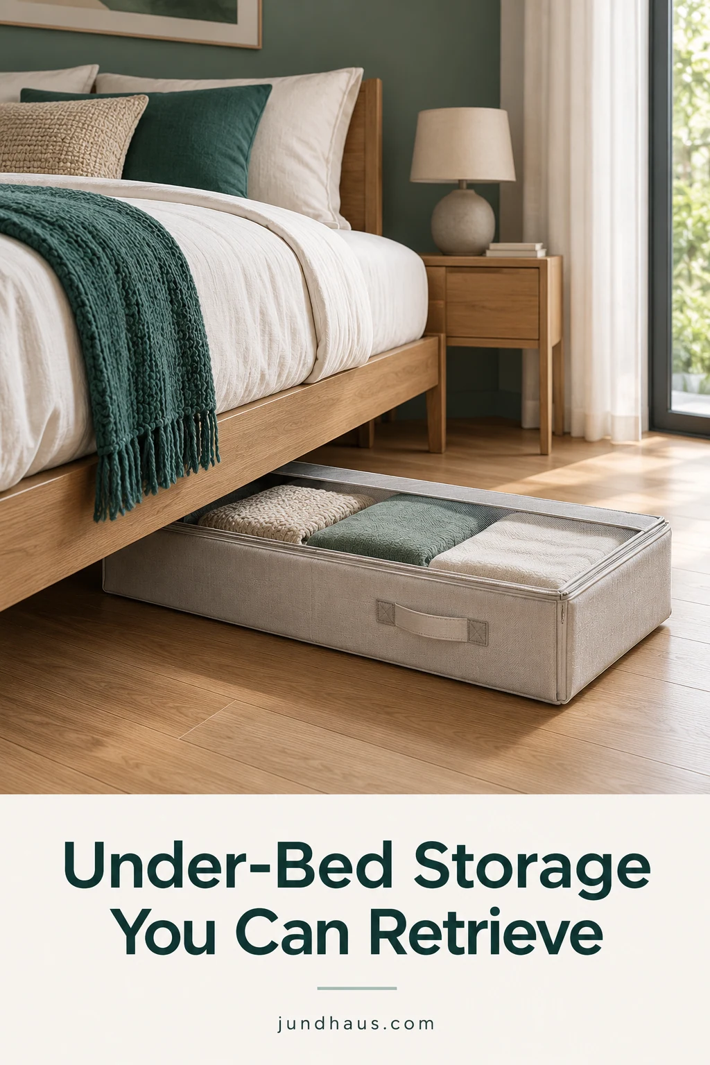 A bed side view with a low labeled storage container that can slide out without blocking the room.