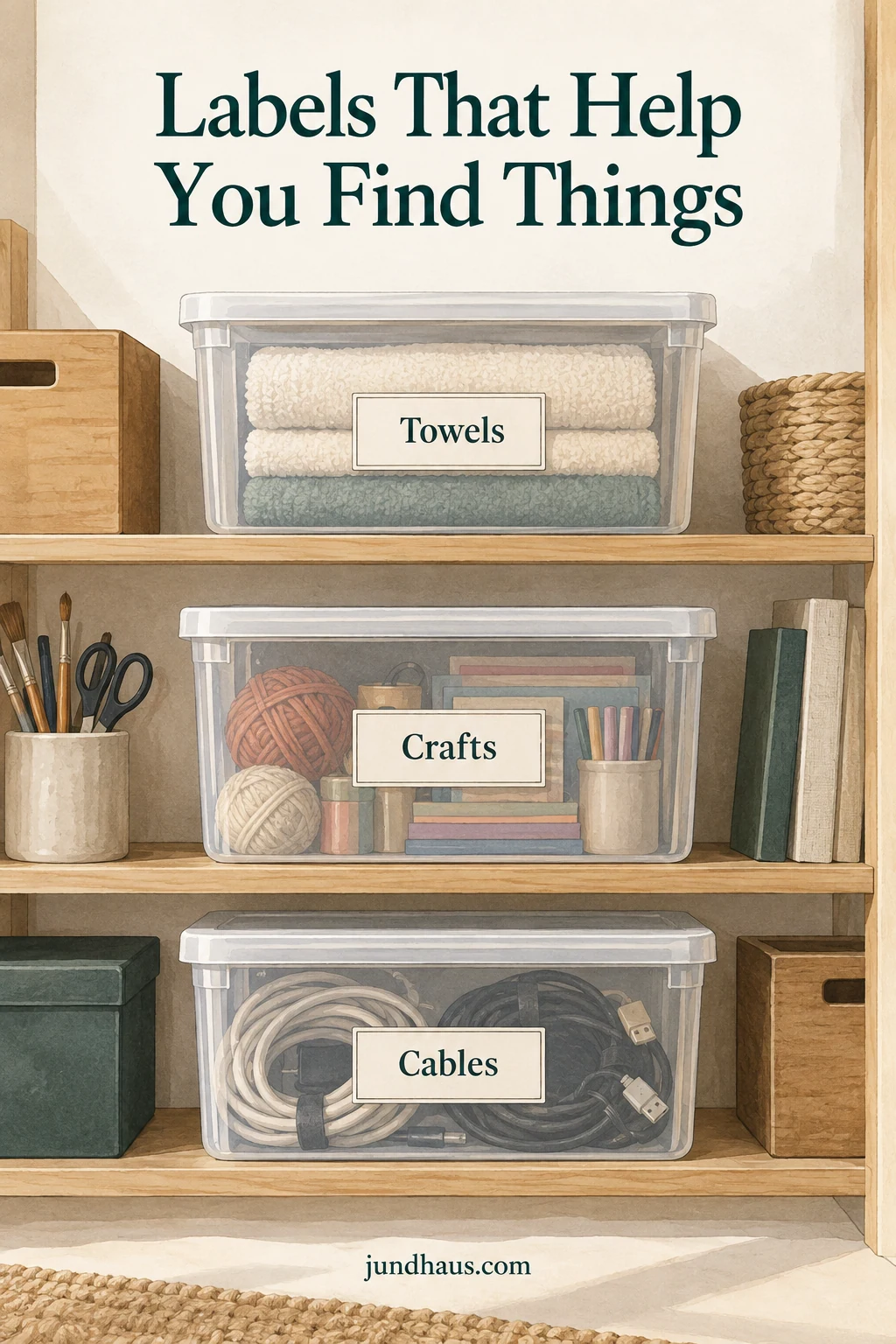 Three storage containers with clear labels on the side that faces the shelf opening.