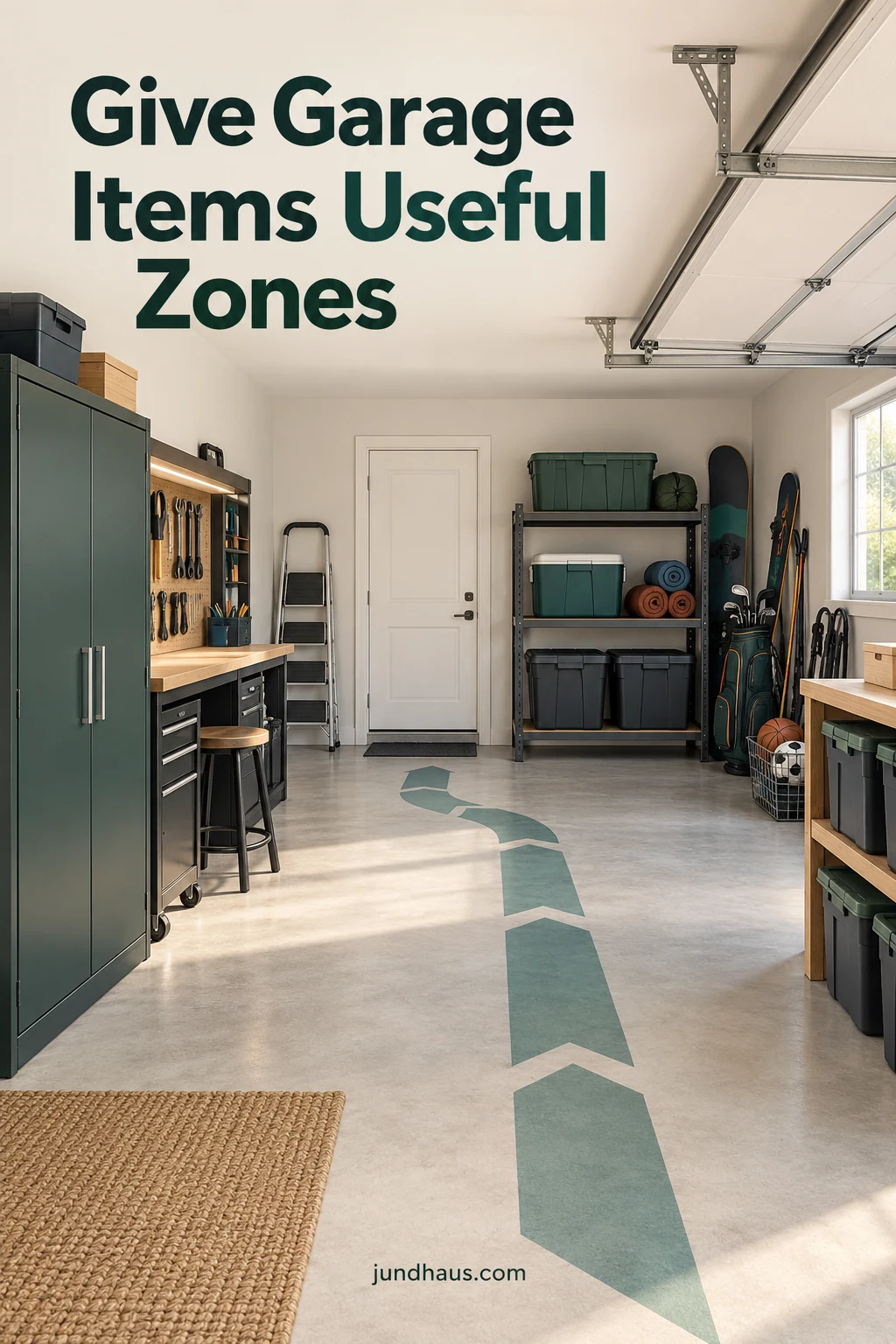 A garage plan with tool and seasonal-storage zones and a clear route across the floor.