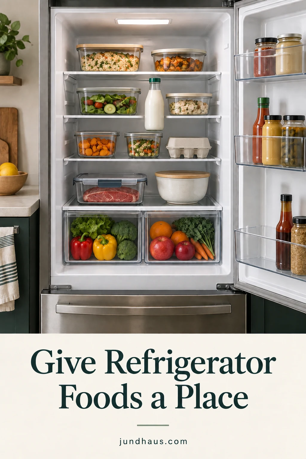 A refrigerator with covered prepared food above sealed raw meat, milk on an interior shelf, and closed condiments in the door.
