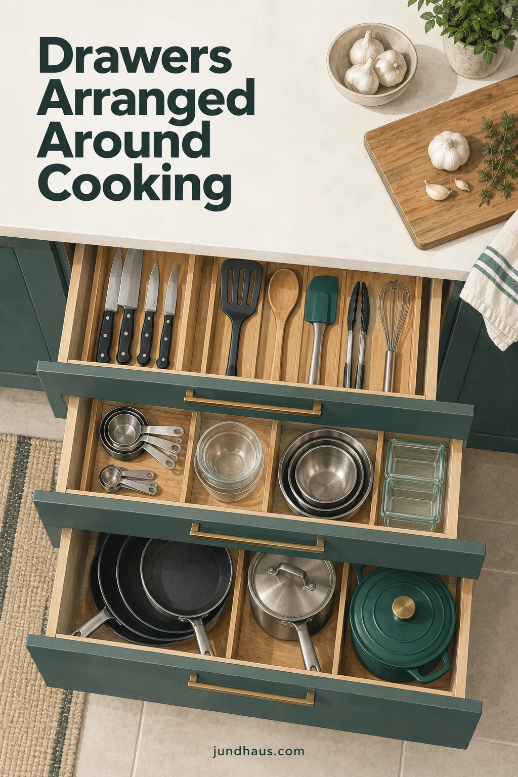 A kitchen drawer with cooking tools grouped by task rather than mixed in one pile.