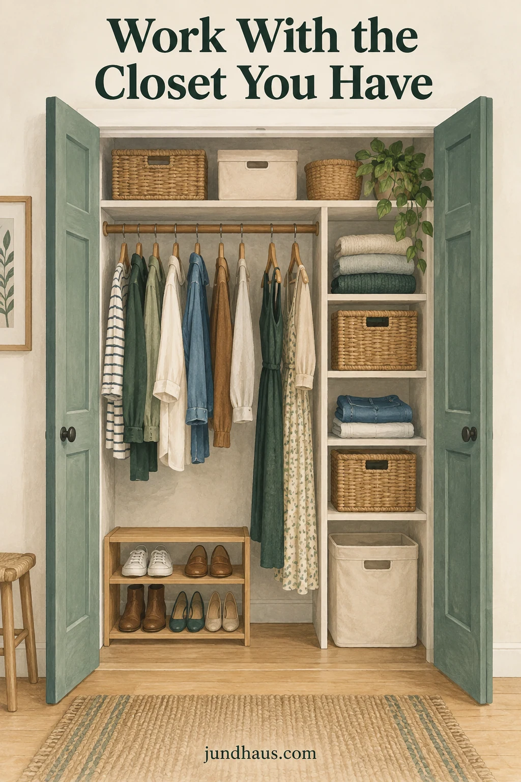 A compact closet elevation with hanging clothes, folded items and reachable bins.