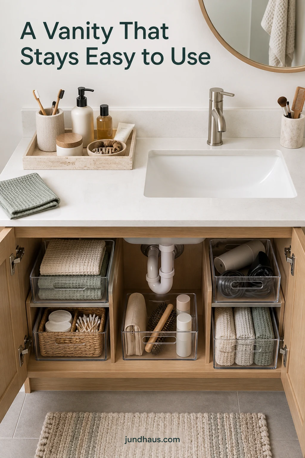 A bathroom vanity with daily toiletries in one tray and separate under-sink zones around the pipes.