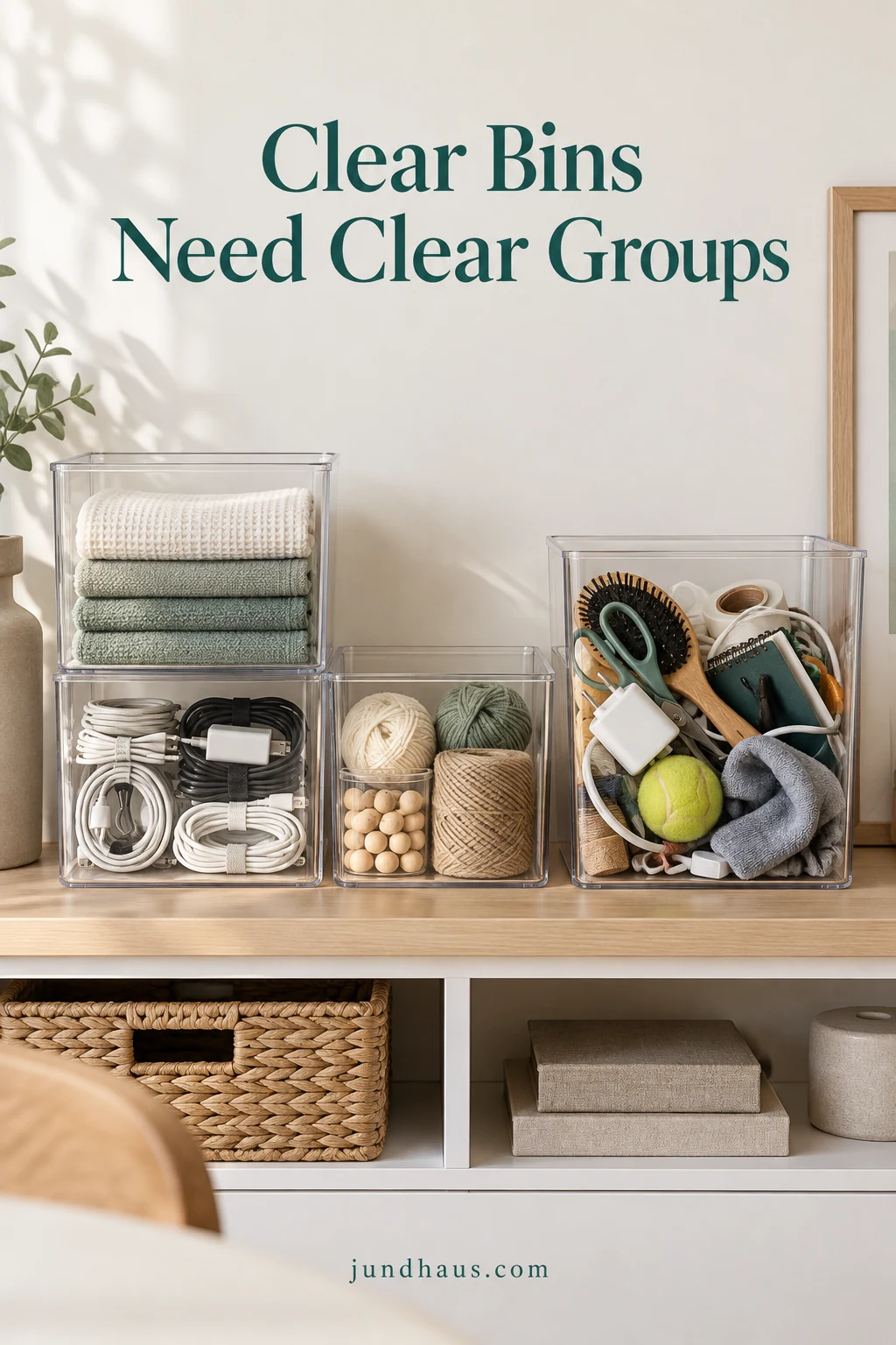 Transparent storage bins with grouped contents and readable labels contrasted with one mixed-item bin.