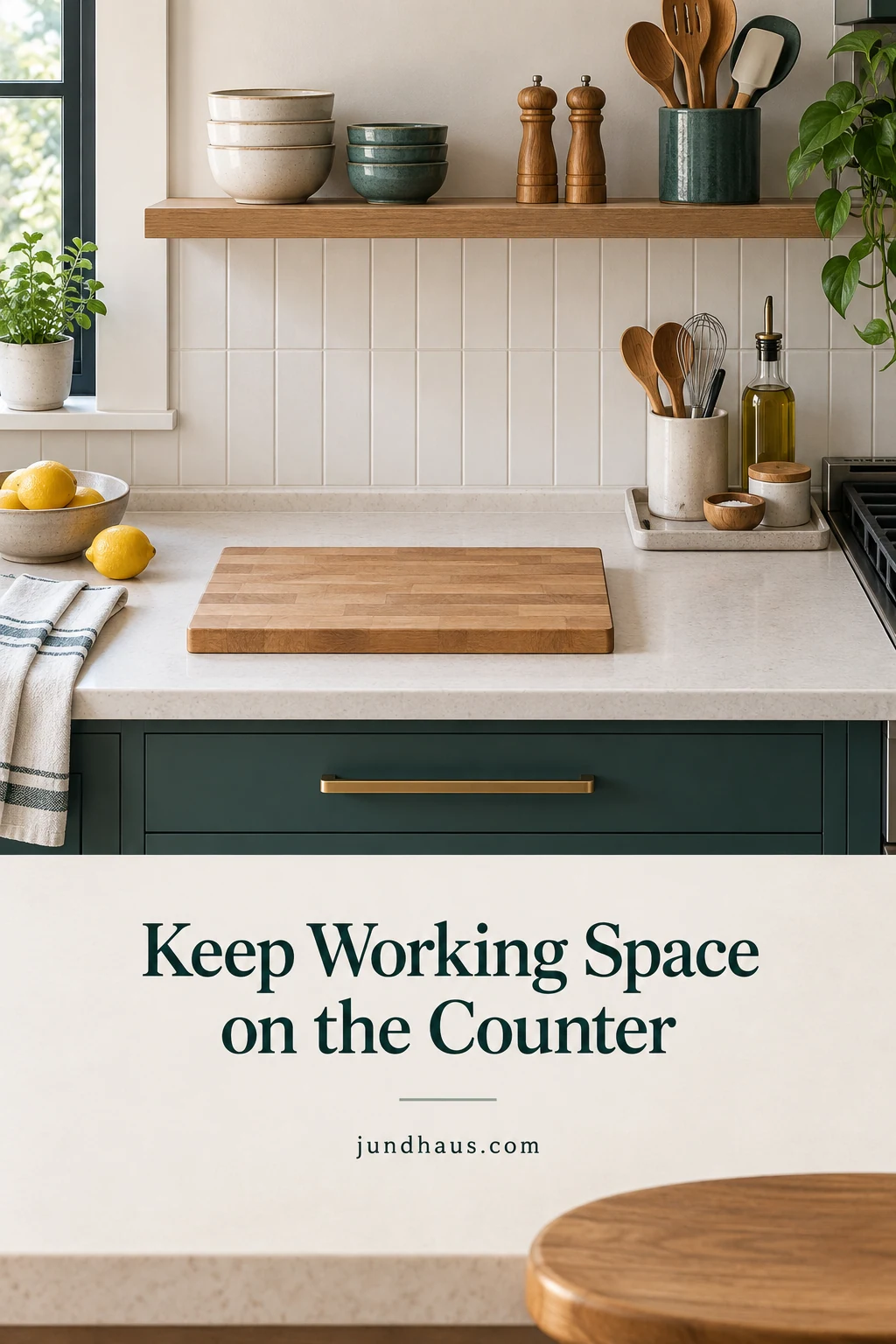 A kitchen counter plan with a clear preparation area and a compact zone for daily tools.