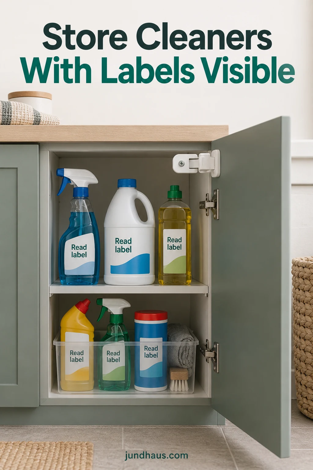 Upright original cleaning-product containers with visible labels inside controlled-access storage.