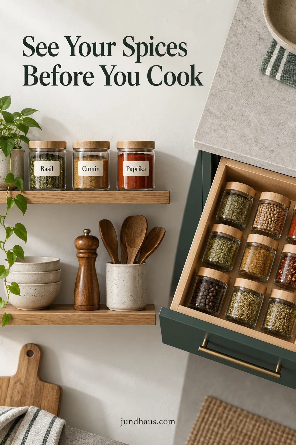 A kitchen spice shelf and a shallow drawer shown side by side with readable jar labels.
