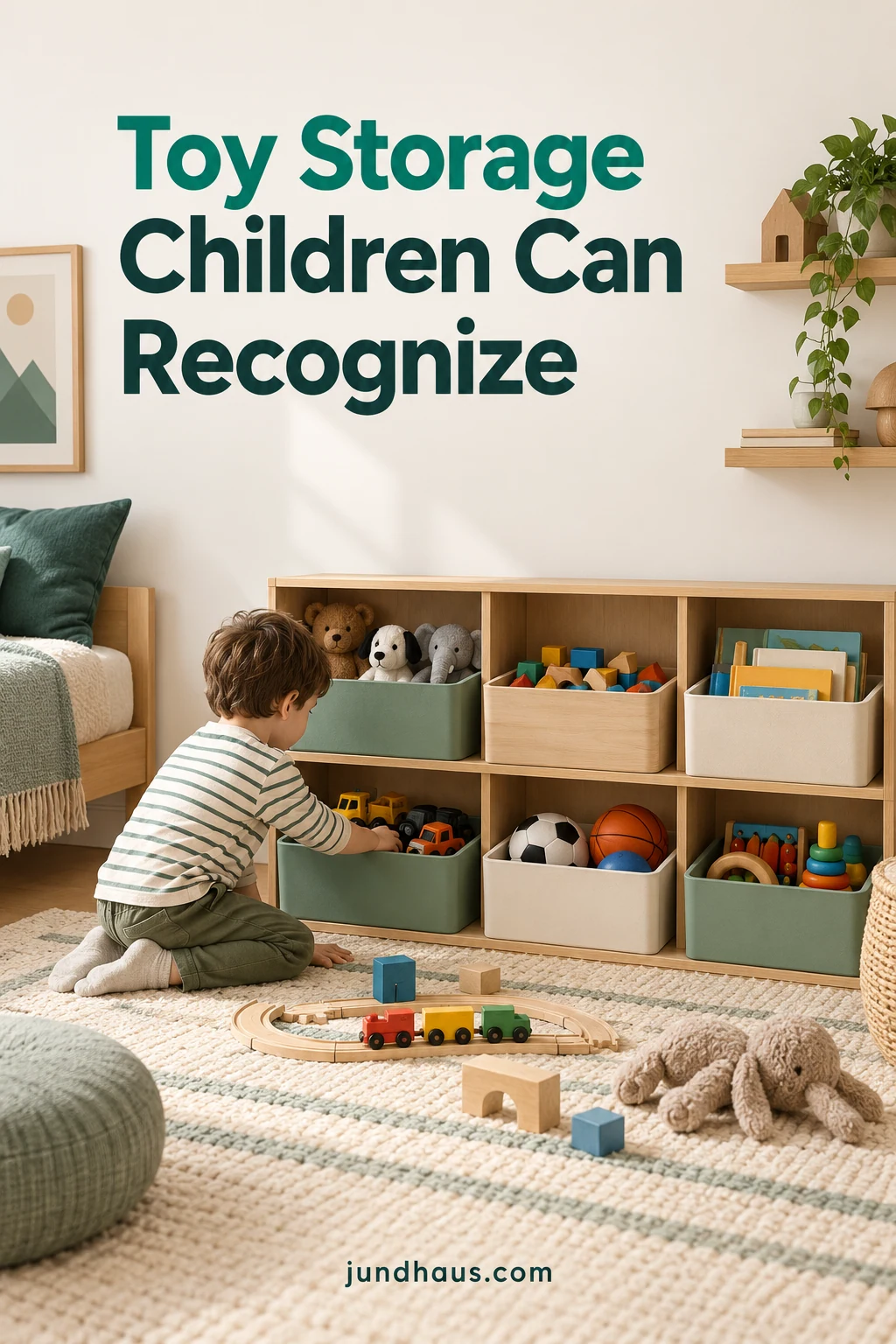 Toy categories illustrated on low containers beside an open play area.