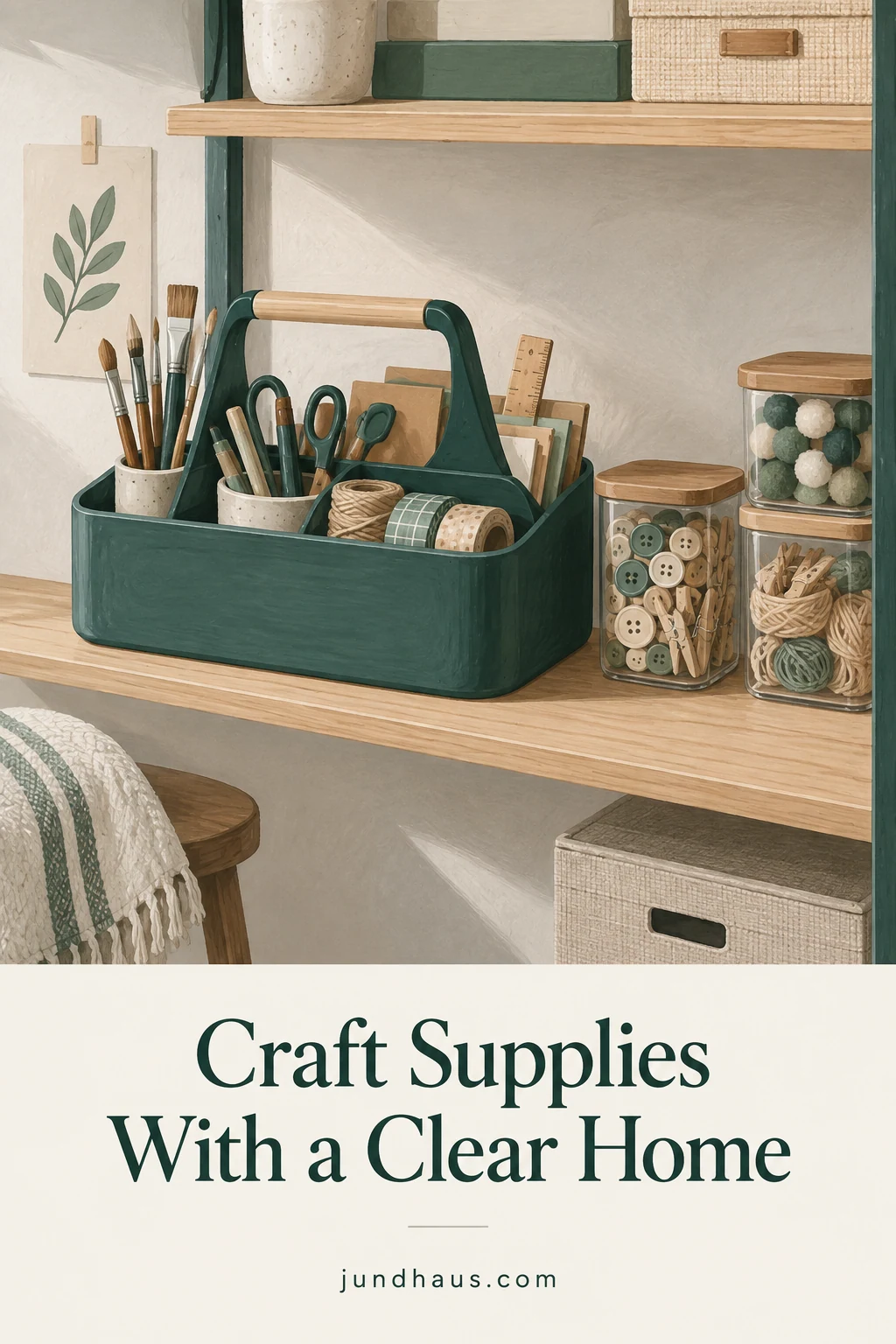 A portable craft supply tray beside small material containers on a compact shelf.
