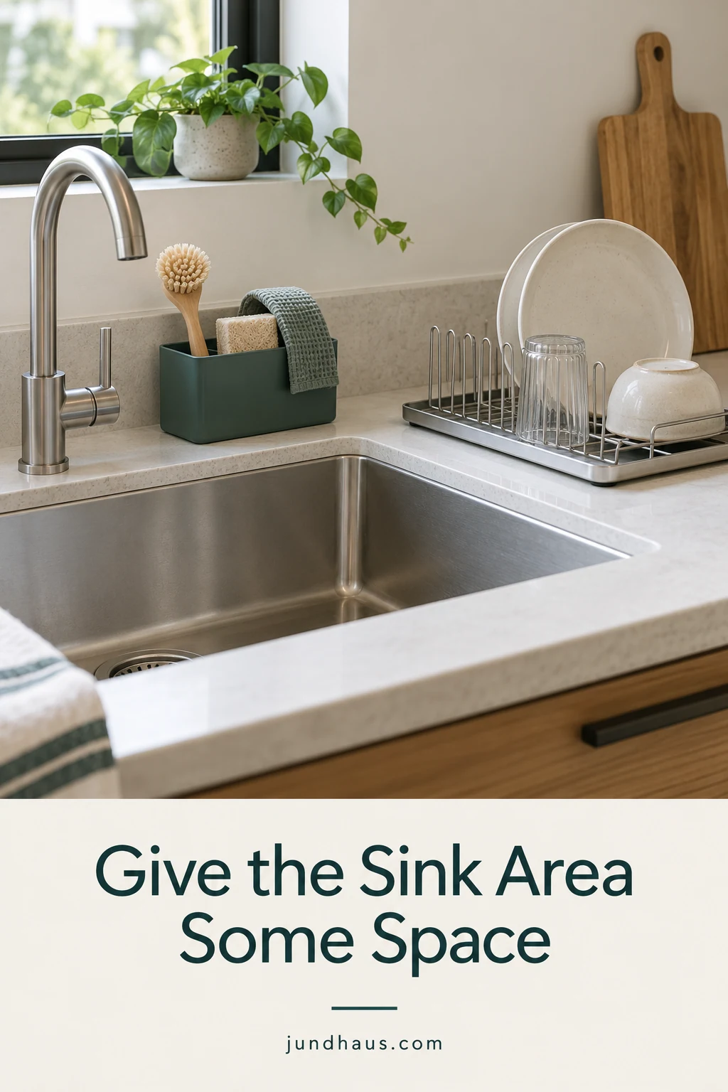 A kitchen sink area with a compact dish-tool holder and a separate draining space.