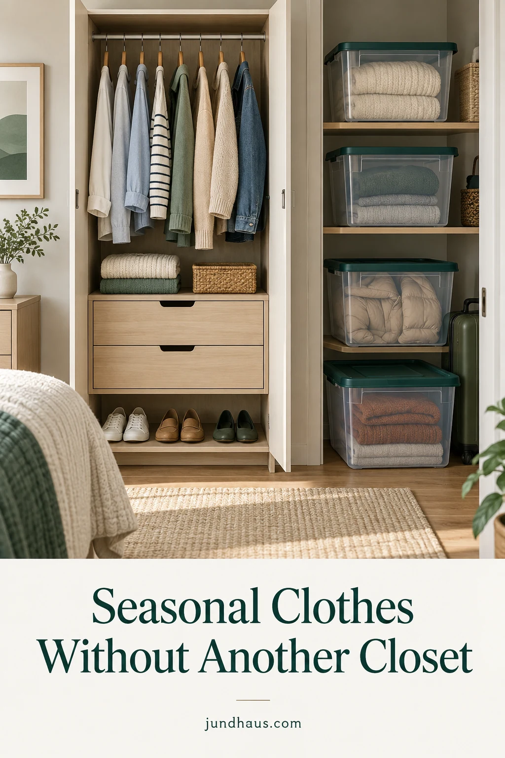 Current-season clothes in a compact wardrobe and labeled off-season containers stored separately.