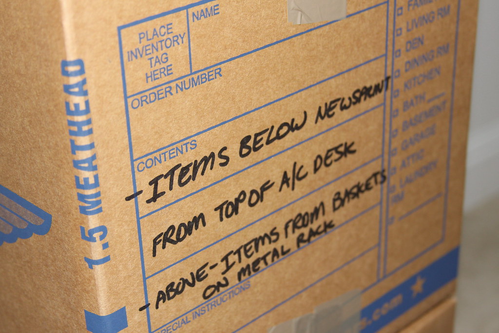 Cardboard box with handwritten contents label