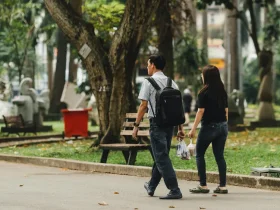 Pessoas caminhando em um parque arborizado ao ar livre