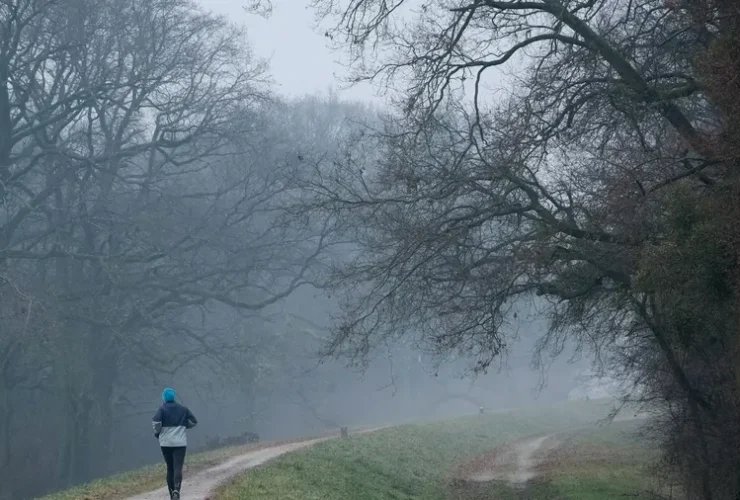 Um corredor solitário, vestindo um moletom azul, corre por uma trilha enevoada no coração de uma floresta invernal desolada.