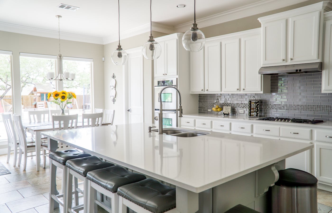 Bright kitchen with a clear white island counter