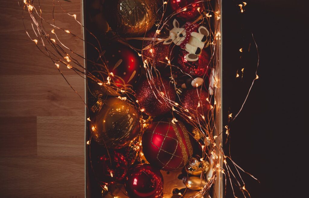 Holiday decor storage bin with red ornaments and string lights
