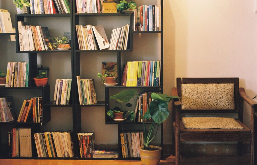 Tall black bookcase with books and small potted plants