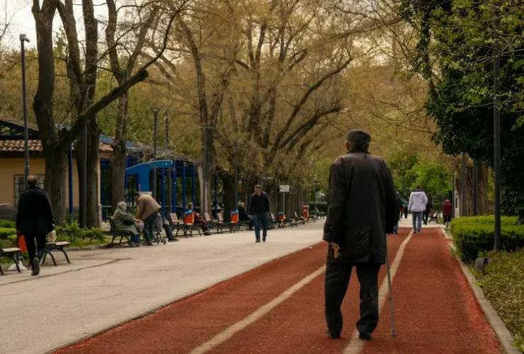 Um senhor idoso caminha em um parque tranquilo, cercado por árvores, em um dia sereno.